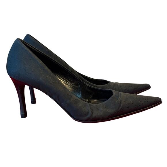 Vintage Gucci Womens 5 B Black Monogram Grosgrain Pointy Heels Classic Cocktail - Picture 2 of 10